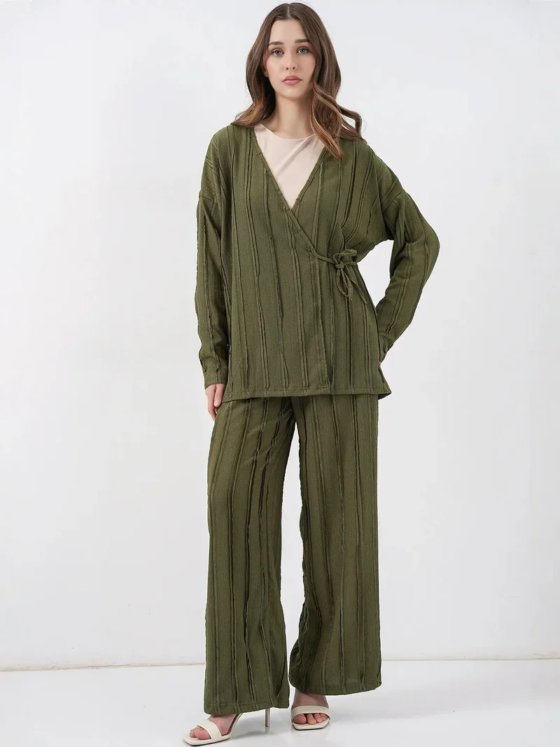 BIG DART BDART Textured V-Neck Tie Detail Kimono & Wide Leg Pants Set